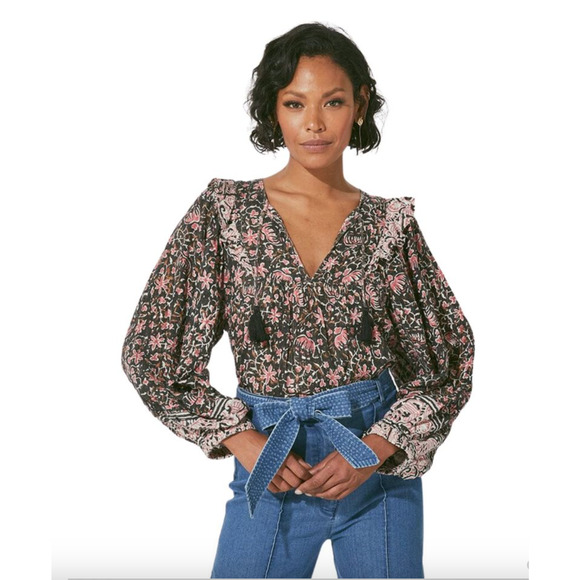CLEOBELLA NWT Evereve Brynlee Black Pink Org Cotton Metallic Print Blouse // XL - Picture 1 of 16